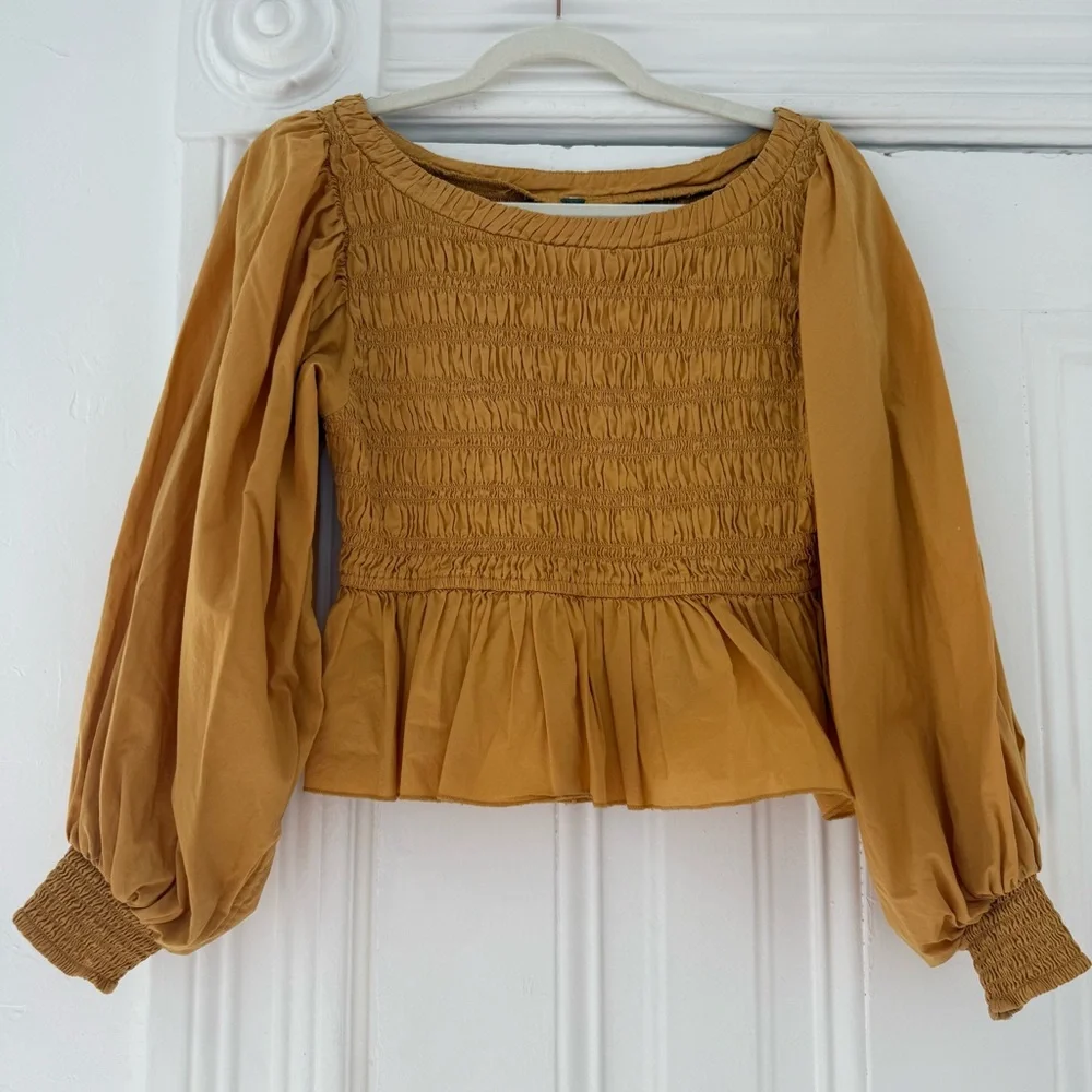 Free People Mustard Smocked Peplum Puff Sleeve Top